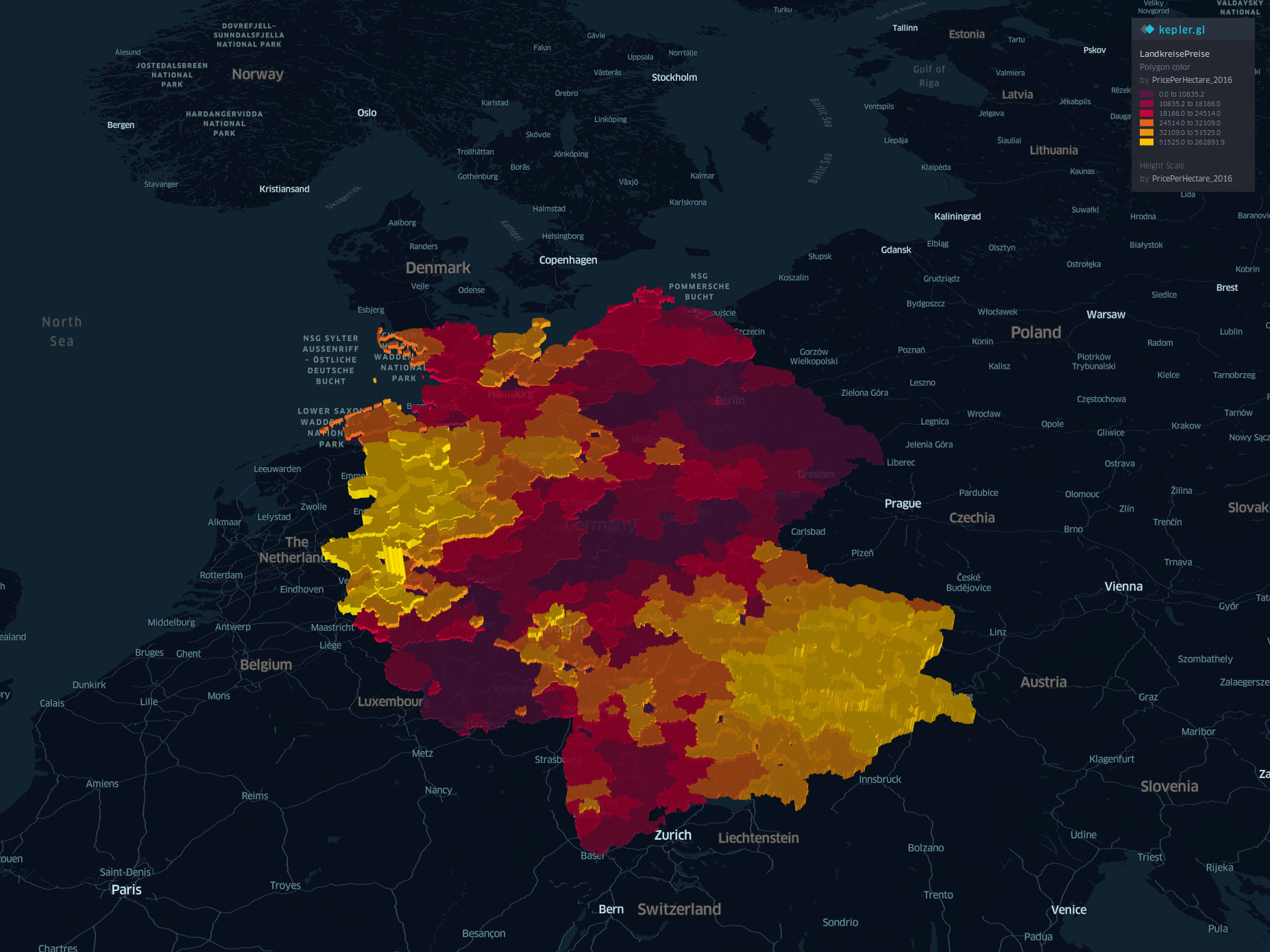 Visualizing farmland property prices in germany based on 2016 sales with kepler.gl